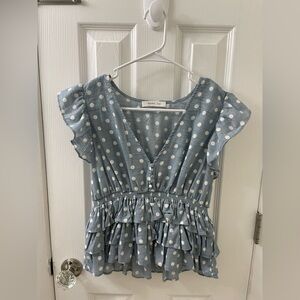 Mustard Seed Light Blue Polka Dot Ruffle Blouse
